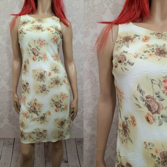 Vintage 90s Floral Dress Size S Sleeveless Crinkle Fabric Beige Brown Above Knee - Picture 1 of 11